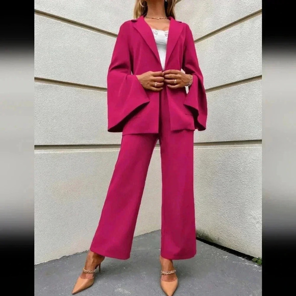 Split Sleeve Belted Blazer & Wide Leg Pants - Picture 3 of 6